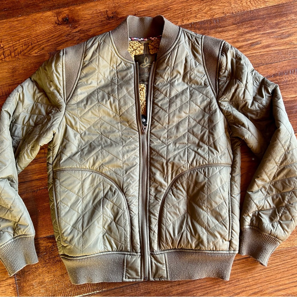 Prana Olive Green Quilted Bomber Jacket